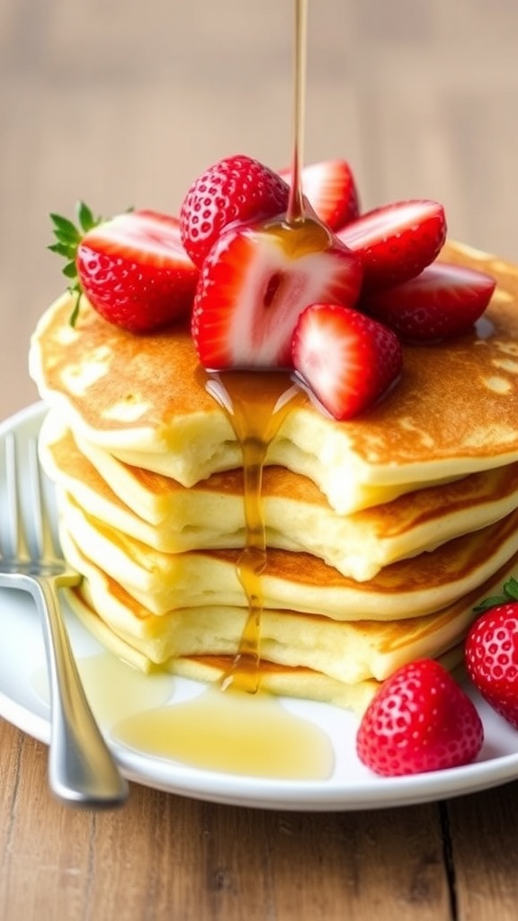 Fluffy gluten-free pancakes topped with strawberries and maple syrup on a white plate.